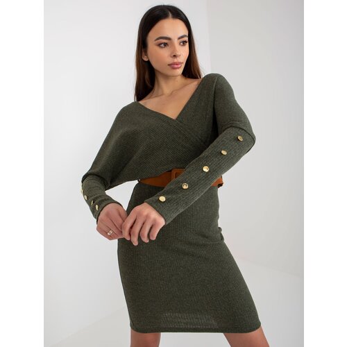 Fashion Hunters Khaki wrap dress OCH BELLA made of ribbed knitted fabric Slike