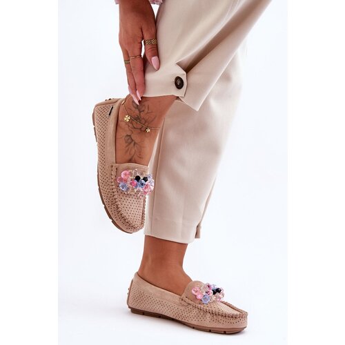 Kesi Fashionable suede loafers with decorations Beige Delima Cene