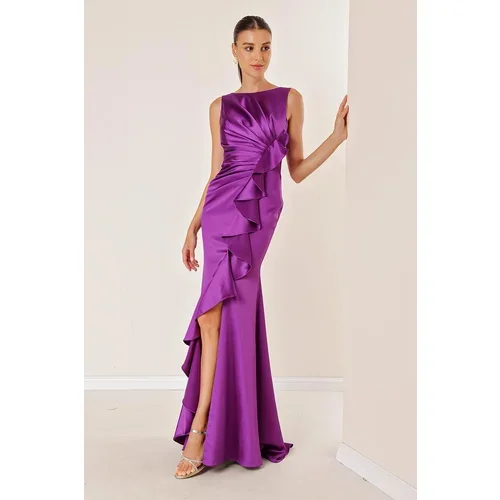 By Saygı Purple Flare Lined Long Satin Dress With Draping.