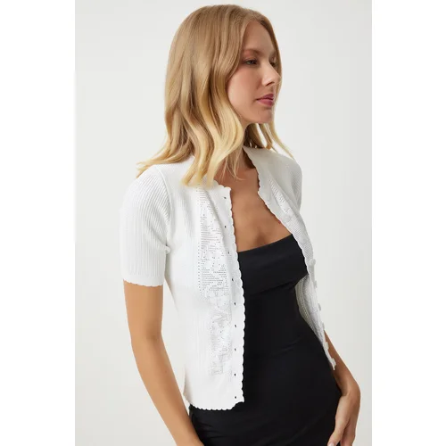  Women's White Openwork Seasonal Knitwear Cardigan