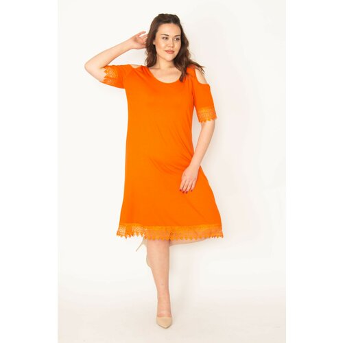 Şans Women's Plus Size Orange Decollete Shoulder Lace Dress Slike