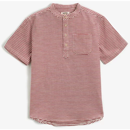 Koton Mandarin Collar T-Shirt Short Sleeved One Pocket Striped Cotton