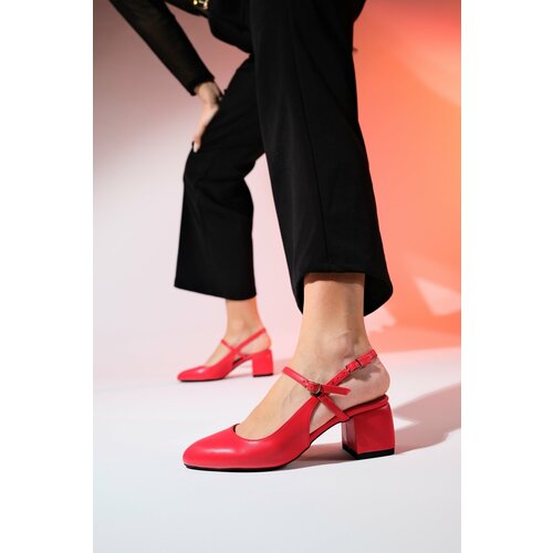 LuviShoes MEDJA Women's Red Skin Open Back Chunky Heel Shoes Cene