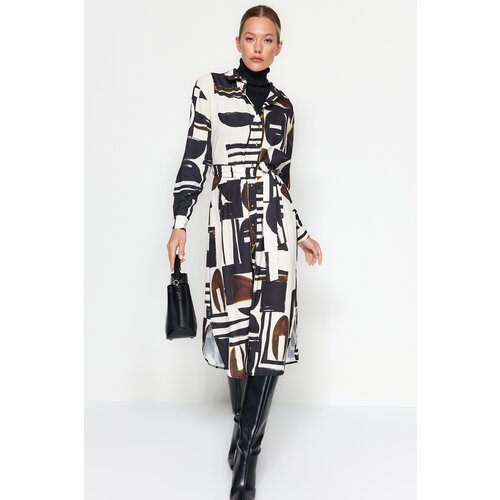 Trendyol Brown Belted Patterned Woven Shirt Dress Slike