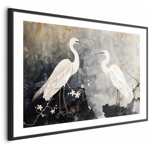  Plakat - Herons and Cherry Blossom - oriental-style illustration depicting birds 90x60 Crni okvir s margom Cene