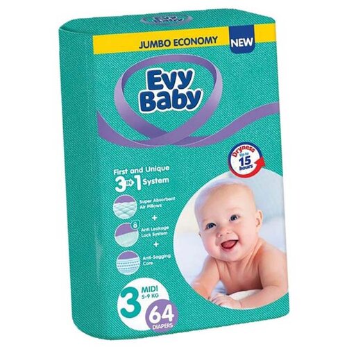Evy Baby Pelene za bebe Jumbo 3 Midi 5 - 9kg, 64kom, 3u1 Cene