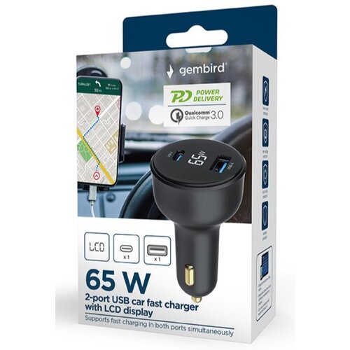 Gembird TA-UC-AC2PD65LCD-CAR-01 2-port USB brzi punjac za auto Type-C PD LCD 65W black Cene
