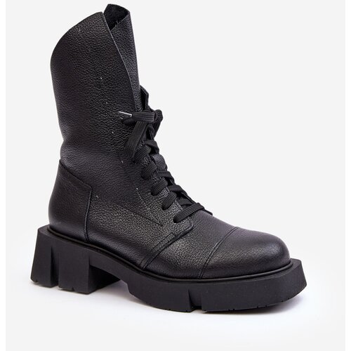 Kesi Women's leather ankle boots with massive flat heel Zazoo black Cene