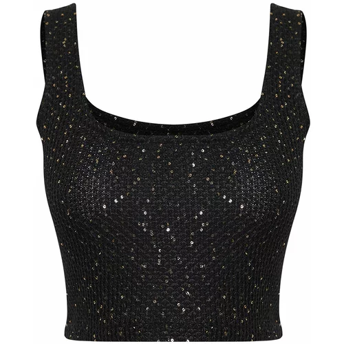 Trendyol Black Crop Shiny Sequin Embroidered Top Knitwear Blouse