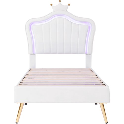 Lumor Postelja za otroke 90x200 cm iz umetnega usnja z LED + nastavljiv vzglavnik + lesene letvice - Bela, (22156310) Cene