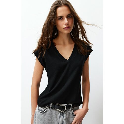 Trendyol Black Viscose/Soft Fabric Fitted/Situated Moon Sleeve V Neck Stretch Knitted Blouse Cene