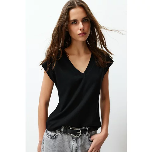 Trendyol Black Viscose/Soft Fabric Fitted/Situated Moon Sleeve V Neck Stretch Knitted Blouse