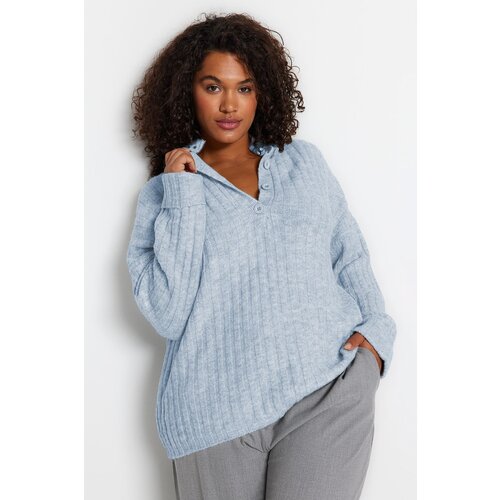 Trendyol Curve Baby Blue Ribbed Buttoned Knit Sweater Cijene