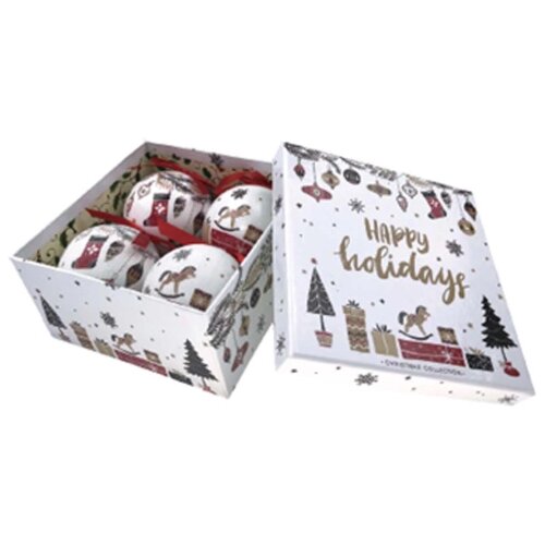  Božićne kuglice 7.5 cm, 4 kom/pak, snežno bele sa božićnim mot. 51-043000 Slike