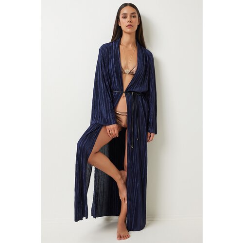 Happiness İstanbul Women's Dark Blue Leather Belted Pleated Long Kimono Slike