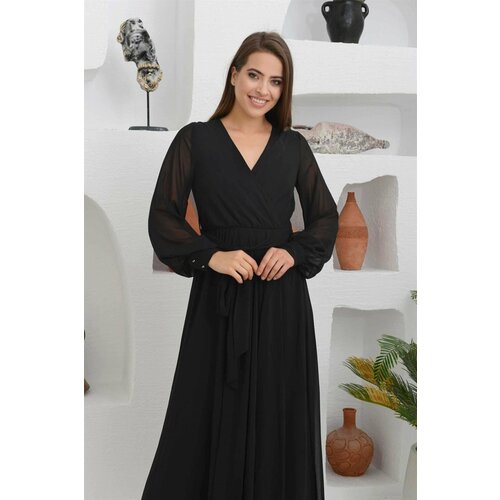 Carmen Black Chiffon Double Breasted Long Evening Dress Slike