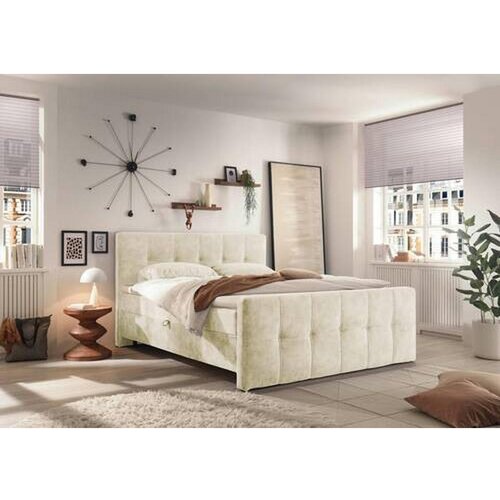 MID.YOU POSTELJA Z VZMETNICO 180 cm x 200 cm , tekstil, leseni material krem barve Slike