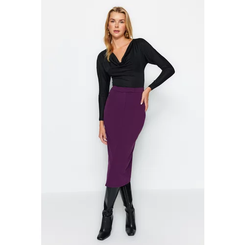 Trendyol Purple Smart Crepe with Belt Detailed Fleece Pocket Midi Pencil High Waist, Flexible Knitted Skirt