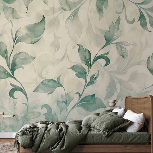  Foto tapeta - Watercolor Botanical Motif Delicate Green-Beige Leaves 196x140 Samoljepljiva Slike
