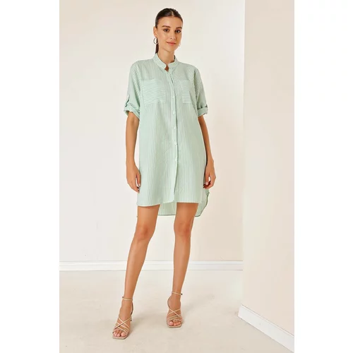 By Saygı Two Pockets Front Short Back Long Stripe Short Sleeve See-through Dress Green