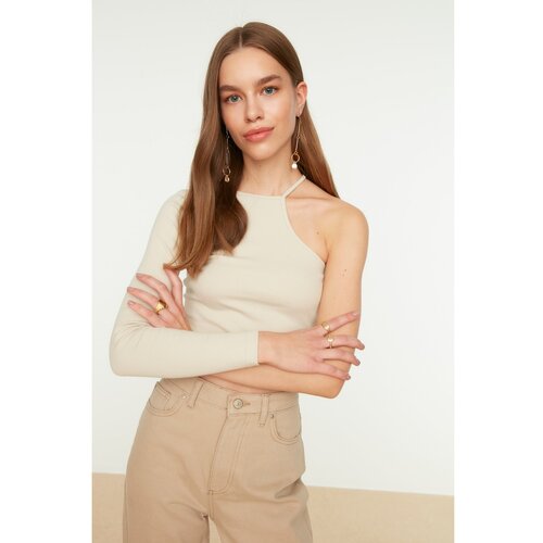 Trendyol Ecru One Shoulder Corduroy Crop Knitted Blouse Slike