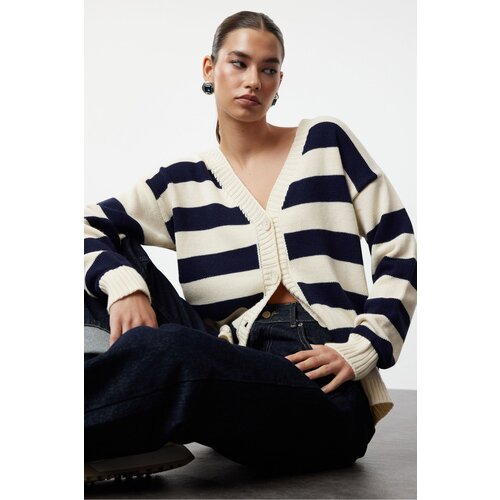 Trendyol bone basic v-neck striped knitwear cardigan Slike