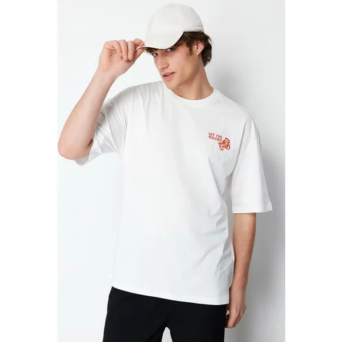 Trendyol Ecru Men's Oversize / Wide Cut Floral Printed Short Sleeve 100% Cotton T-Shirt