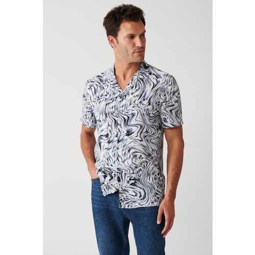 Avva Men's Navy Blue Viscose Cuban Collar Abstract Patterned Short Sleeve Standard Fit Regular Fit Shirt Cene