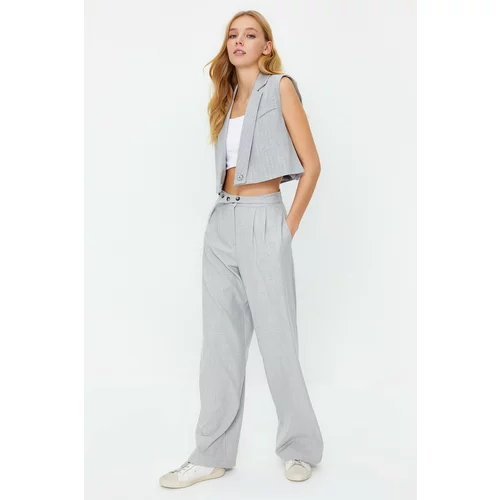 Trendyol Gray Straight Cut Woven Trousers with Belt Detail