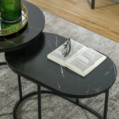  Set od 2 stolića za kavu ovalni i okrugli složivi ​​mramorni izgled MDF metal &amp;Oslash;50 x 50 5V cm crni Slike