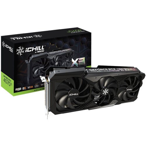Inno3d nvidia video card rtx 4070Ti ichill X3 12GB GDDR6X 192 bit, 2550 mhz / 21 gbps, 3x dp, hdmi, 3 fan, 3 slot Slike