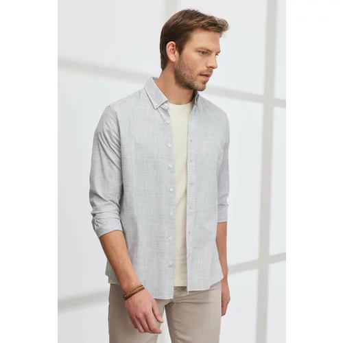 Altinyildiz classics Men's Green Slim Fit Slim Fit Buttoned Collar Linen-Looking 100% Cotton Flared Shirt.