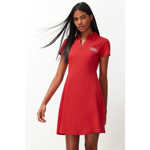 Trendyol Red Skater/Waist Embroidery Cotton Stretch Knitted Mini Dress Slike