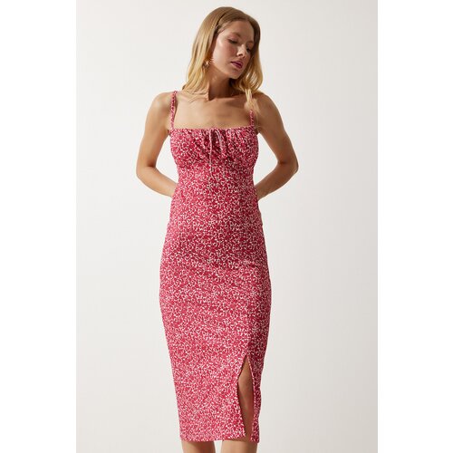  Women&amp;#039;s Vivid Pink Floral Slit Summer Knitted Dress Slike