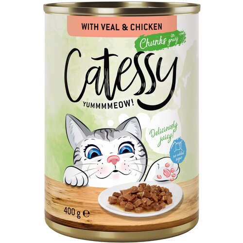 Catessy Varčno pakiranje koščki v omaki ali želeju 24 x 400 g - S teletino in piščancem v omaki Cene