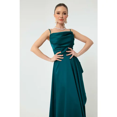 Lafaba Women's Petrol Evening & Prom Dress with a slit in Satin.