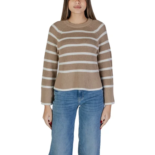 Vila Puloverji VICASIA L/S STRIPED SHORT KNIT TOP/PB 14103369 Bež