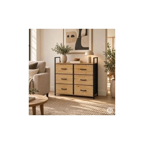 ModernHome GIC-C105-19 &amp;ndash; Komoda sa 6 platnenih ladica, metalni okvir, 87 &amp;times; 24 &amp;times; 80 cm, hrast/crna Slike