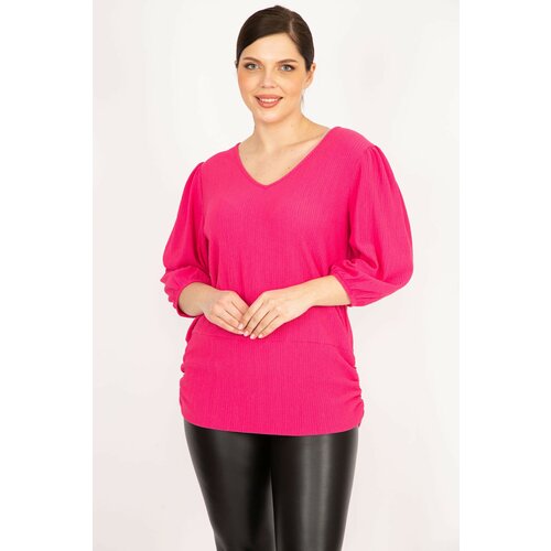 Şans Women's Pink Plus Size Crassula Fabric V-Neck Hem Tape Capri Sleeve Tunic Slike