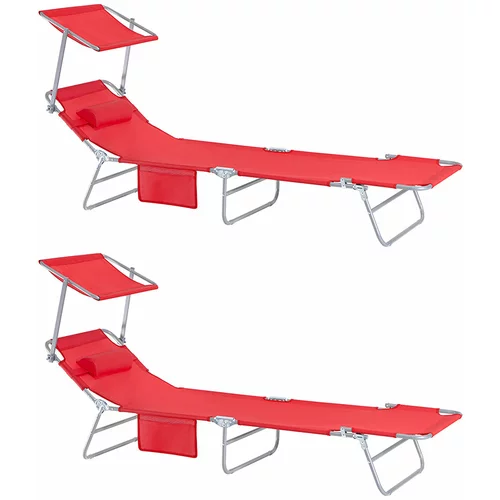 SoBuy Komplet nastavljivih zložljivih ležalnikov za sončenje z senčnikom v rdeči barvi v obalnem slogu, (21123489)