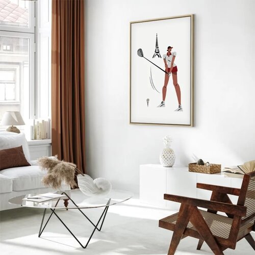  Slika - Female Golfer With the Eiffel Tower in the Background - Illustration 60x90 U prirodnom drvenom okviru Slike