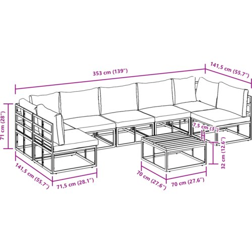 VidaXL Vrtna sedežna garnitura 8 pcs Črna 70 x 70 x 32 cm Aluminij Slike