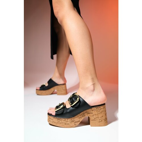 LuviShoes SLAPY Black Skin Women's Gold Buckle Platform Heeled Slippers Slike
