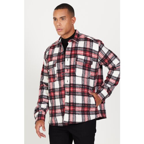 AC&Co / Altınyıldız Classics Men's Ecru Red Oversized Loose Fit Button-down Collar with Pockets Checkered Lumberjack Shirt Jacket. Slike