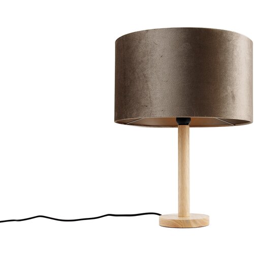 QAZQA Lesena namizna svetilka z žametnim senčilom taupe 35 cm - Mels Slike