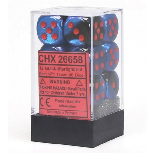 Chessex kockice - gemini - polyhedral - black starlight & red - dice block 16mm (12) Slike