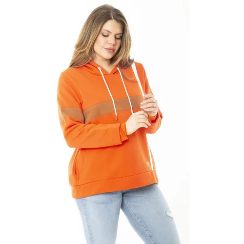 Şans Women's Plus Size Orange Inner Raised Two Thread Hooded Sweatshirt