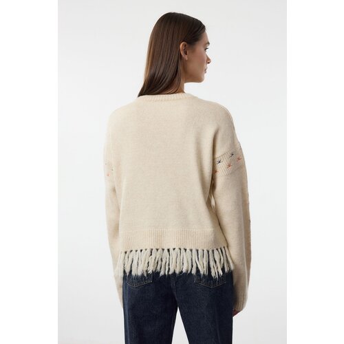 Trendyol Ecru Soft Texture Tassel Embroidered Knitwear Sweater Slike