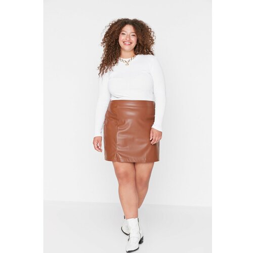 Trendyol Curve Brown Slit Detailed Faux Leather Skirt Slike