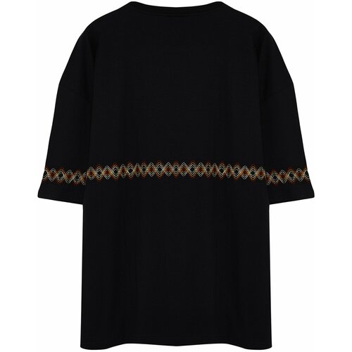 Trendyol Plus Size Men's Black Oversize/Wide Cut 100% Cotton Ethnic Embroidery Comfortable T-Shirt Slike